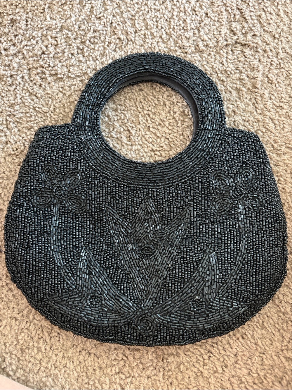 Black Beaded Floral Handbag - Elegant Evening Bag